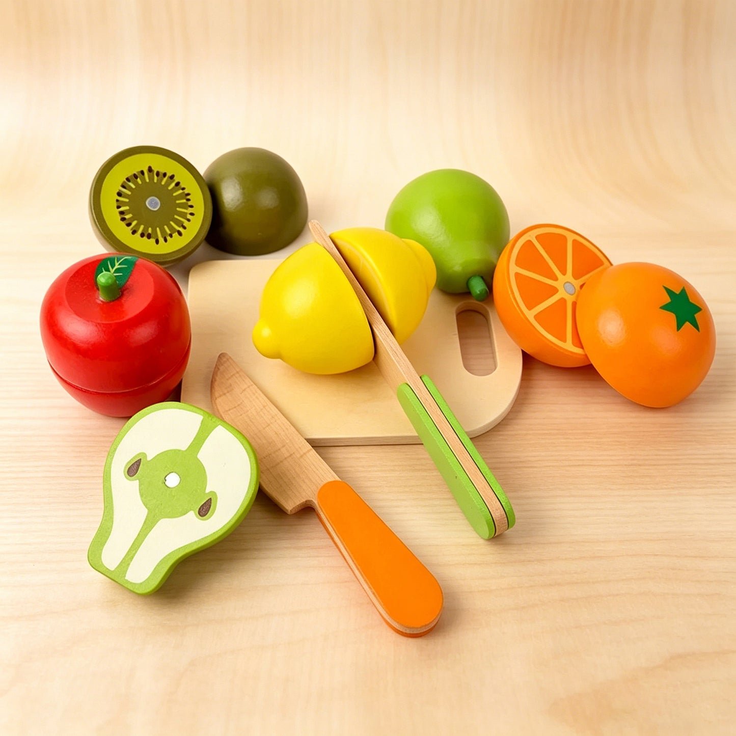 Jessruly® Wooden Pretend Play Set – Realistic Toy Kitchen Food with Cutting Board & Knife