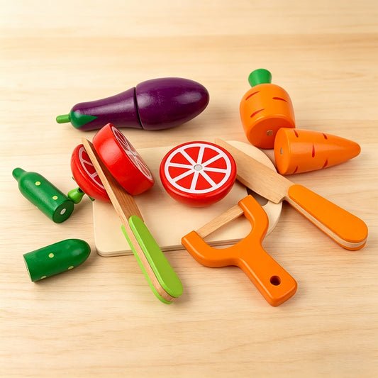 Jessruly® Wooden Pretend Play Set – Realistic Toy Kitchen Food with Cutting Board & Knife
